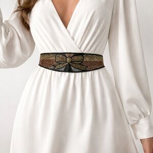 VTG 90s Hand Beaded Tie Belt Art Deco Boho Waist Sash Black Gold Destinee Glam